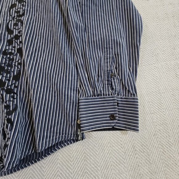 Marc Ecko Cut & Sew Button Shirt Long Sleeve Embroidery Design Blue Stripe XL - Picture 2 of 16